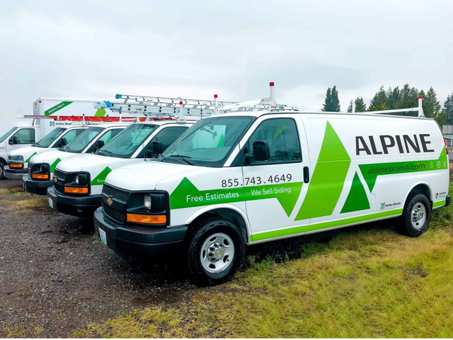 Alpine Exteriors professional van fleet with branded vehicles showcasing company presence in St. Petersburg FL